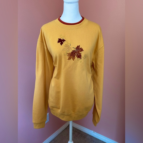 Vintage 90’s Grannycore Fall autumn crewneck sweatshirt embroidered leaves SZ L - Picture 1 of 8